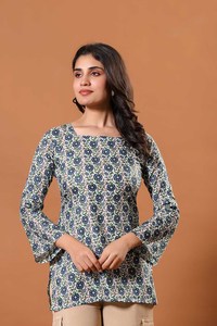 Twin Feet Women's Blue Floral Print Cotton Digital Print Quick Dry <b>Kurta</b> <b>Top</b> Casual Wear Regular Fit Length Autumn India - Product Image 5