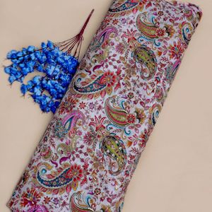 Tissu Crêpe Léger Blanc Ivoire Majestueux avec Broderie Paisley et Paillettes Scintillantes, 44 Pouces, Matière Ethnique Indienne - Product Image 1