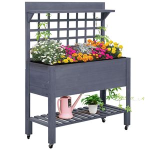 Gray Wooden <b>Planter</b> <b>Box</b> with Trellis Storage Shelf Raised Garden Bed and Wheels Hanging Baskets & Accessories - Product Image 1