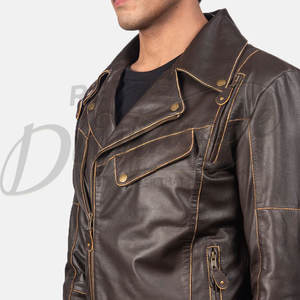 Veste de motard en cuir marron foncé pour homme, style vintage vieilli, en véritable peau de mouton, coupe ajustée, automne-hiver, avec ceinture - Product Image 4
