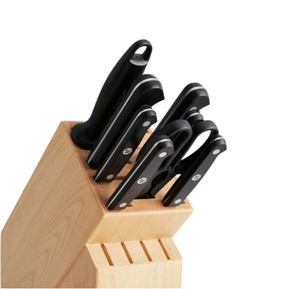 Ensemble de couteaux de cuisine rivetés noirs avec lames argentées, bloc en bois marron clair, ciseaux et aiguiseur pour hacher et préparer les aliments - Product Image 6