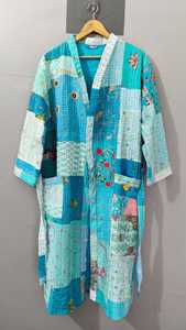 Patchwork Kantha Vintage Boho Khambadiya Kimono <b>Jacket</b> Handmade Floral Pattern 100% Cotton Long Sleeves Drawstring Closure - Product Image 4