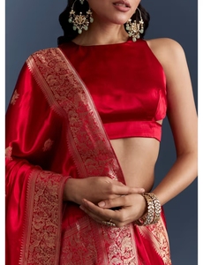 KV <b>Red</b> Satin Woven With Zari Work Saree With Unstitched <b>Blouse</b> - Product Image 5