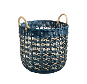 Panier bleu marine et en rotin naturel avec poignées en corde et design tressé croisé, bac de rangement tissé à la main, organisateur décoratif pour la maison - Product Image 1