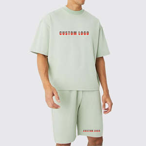 Ensemble d'été pour homme respirant avec impression de logo personnalisé, 2 pièces, t-shirts et shorts surdimensionnés, polyester/coton - Product Image 1