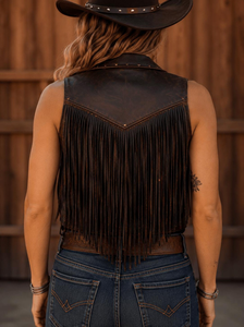 <b>Women</b> Genuine Leather Sleeveless <b>Vest</b> With Fringe Turn-<b>down</b> Collar Bohemian Style Outerwear - Product Image 5