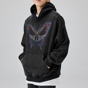 Wholesale <b>Men's</b> 100% Cotton <b>Pullover</b> Hoodie Winter Oversized with Custom Logo Anti-Wrinkle Anti-Shrink Rhinestone Letter Pattern - Product Image 3