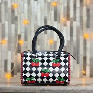 <b>Top</b> Selling Genuine Leather Duffel Bag Black White Checkered Pattern <b>Cherry</b> Embroidery <b>Top</b> Handle Zipper Closure Casual Style - Product Image 1