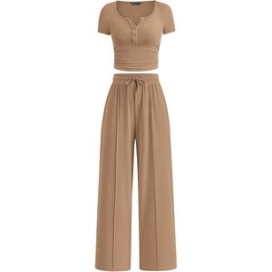 Pretttygarden 2025 – Nouveauté été : Ensemble 2 pièces pour femme – Haut côtelé à manches courtes boutonné et pantalon décontracté à jambes larges pour tenue de détente - Product Image 2