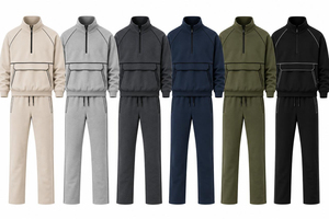 Unisex Beige Tracksuit Set Half-<b>Zip</b> Sweatshirt With Side Pockets And Drawstring Pants Casual Autumn Wear Full Length Regular Fit - Product Image 6