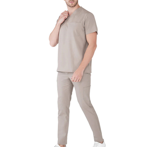 Ensemble de blouses médicales pour hommes, col en V, manches courtes, uniformes de travail hospitaliers, beige, coton et polyester, pantalon inclus - Product Image 3