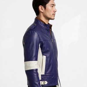 Chaqueta de Motociclista de Cuero Genuino para Hombre, con Bloques de Color, Cuello Alto y Cierre de Cremallera - Product Image 3