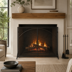 Protector de Chimenea Metálico Contemporáneo con Doble Puerta Arqueada, Malla Plegable Resistente al Calor, Protección Contra Chispas - Product Image 1