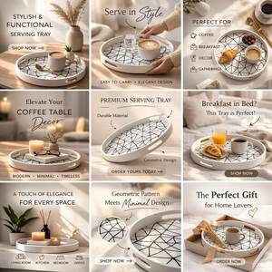 Modern Round Bone Inlay <b>Tray</b>, <b>Black</b> & White Geometric Pattern Serving <b>Tray</b>, Home Decor Decorative Coffee Table - Product Image 4