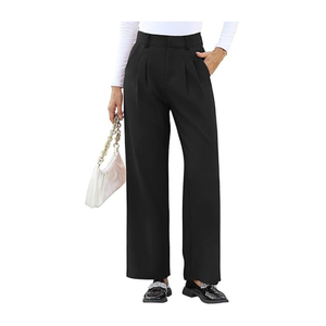 Pantalon large taille haute pour femme, coupe décontractée, plissé devant, en crêpe noir uni, longueur intégrale - Product Image 5