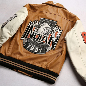 Blouson aviateur vintage en cuir pour homme avec logo R brodé et motifs de patchs, col rabattable, fermeture éclair - Product Image 4