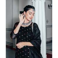 Ensemble de costume Patiala pour femmes, taille XS, écologique, noir pierre, tissu en mousseline, matière en georgette