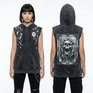 Sweat à capuche pour femme 400 GSM gris anthracite délavé, épais, avec détails déchirés et troués, motif crâne cornu, style gothique streetwear - Product Image 4