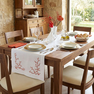 Camino de Mesa de Algodón Blanco Bordado con Coral Rojo, Lavable, con Diseño de Plantas, Decoración para Comedor - Product Image 4