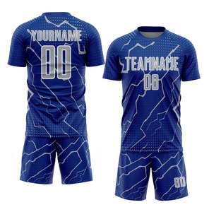 ชุดเสื้อฟุตบอลแบบซับลิเมชั่นสั่งทำพิเศษสำหรับผู้ชาย สีขาว-น้ำเงิน ลายเรขาคณิต ระบายเหงื่อได้ดี แขนสั้น ชุดทีม - Product Image 3