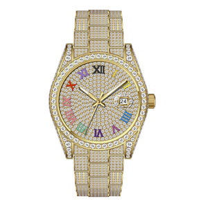 Montre mécanique dorée avec strass, affichage de la date, cadran, bracelet, montre-bracelet, style bijoux de mode - Product Image 4