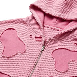 Men High Street Distressed Cropped Hoodie Pink Double Layer Waffle Knit <b>Zip</b> <b>Up</b> Cow Print Patchwork Frayed Custom Streetwear - Product Image 4