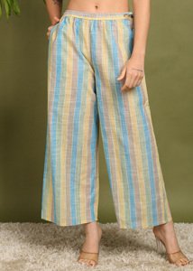 Pantalones Palazzo de Algodón Khadi Teñido con Hilo para Mujer, Rayas Pastel, Cintura Elástica Suave, Culottes de Verano, Pantalones Casuales Boho a la Moda - Product Image 4