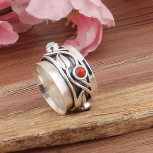 Natural Larimar Garnet Coral 925 Sterling Silver Multi-Gemstone Wedding <b>Statement</b> <b>Ring</b> - Product Image 1