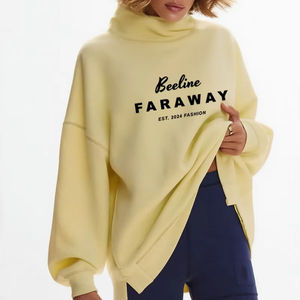 Sudadera de cuello alto extragrande para mujer Beeline Faraway, de manga larga, de punto de algodón, con estampado de letras y diseño asimétrico. - Product Image 1