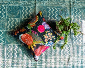 Pure cotton handmade <b>sofa</b> cushion <b>cover</b> square shape beautiful floral print and kantha stitching classic ethnic Indian style - Product Image 3