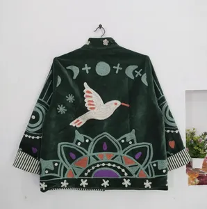 Chaqueta Bordada de Terciopelo Verde Oscuro Hecha a Mano para Mujer, Estilo Boho Chic, Cárdigan Abierto por Delante, Abrigo Kimono Cálido para Invierno - Product Image 5