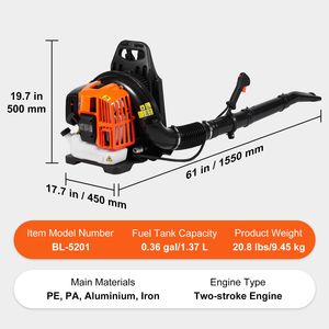 Soplador de Hojas de Mochila de 52CC y 2 Tiempos con Tanque de Combustible de 1.37L, Volumen de Aire de 480CFM y Velocidad de 175MPH para Cuidado del Césped - Product Image 6