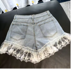 Shorts de Mezclilla de Cintura Alta con Volantes de Encaje, Estilo Dulce, Jeans de Verano para Mujer, Transpirables, Lavados con Piedras, Azul Claro - Product Image 2