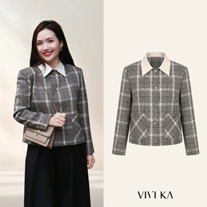 Blazer Gris a Cuadros Elegante para Mujer, con Cuello en Contraste Desmontable, Manga Larga, Estilo Shacket, Otoño Invierno SELENE - Product Image 1
