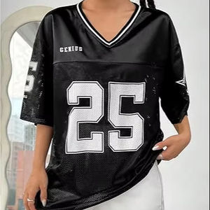 Nouveau maillot de football américain personnalisé en mesh pour femme, style streetwear satiné, col en V, patch étoile, style Y2K, coupe oversize - Product Image 1