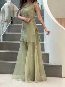 Elegant Green Crush <b>Tissue</b> Palazzo Set Embroidered Blouse Shrug Traditional Indian <b>Wedding</b> Party Wear Women Floor-Length - Product Image 3