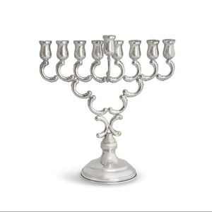 Ornate <b>Silver</b> Metal Menorah Scroll Arm Design Elegant Jewish Hanukkah Tabletop Display Piece - Product Image 1