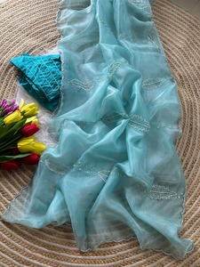 Sari en Soie Organza Pure et Douce, Broderie Traditionnelle Moti, Découpes Artisanales, Infroissable, Anti-humidité, Tenue Traditionnelle Indienne pour - Product Image 4