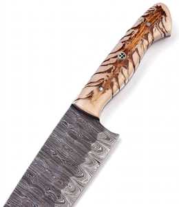 Couteau de chef artisanal en acier Damas de 8 pouces avec manche hybride en os de chameau et mosaïque de bois - Product Image 3