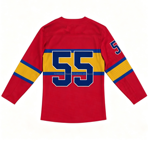 Camiseta de hockey sobre hielo roja personalizada, cuello en V, manga larga, nombre y número personalizados, uniforme de equipo unisex, transpirable, ecológico, 100% - Product Image 6