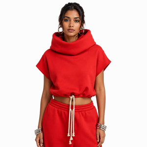 <b>Women's</b> Logo Breathable <b>Cowl</b> <b>Neck</b> <b>Hoodies</b> Knit Cotton Relaxed Drawstring Hood High Quality Rhinestone Crop Tee Private Label - Product Image 4