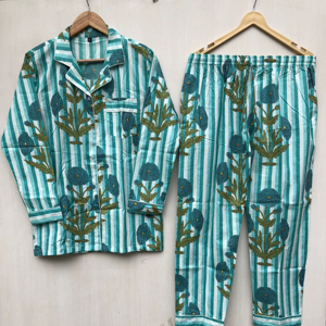 Floral cotton night <b>suit</b> Handmade Cotton <b>Pajama</b> Set Hand Block Print Floral Indian Night <b>Suit</b> cotton wear dress - Product Image 1