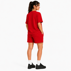 Custom Women Oversized T Shirt and Shorts <b>Set</b> Heavyweight Cotton Crew Neck Tee Elastic Waist Short <b>Set</b> Solid Color Tracksuit - Product Image 4