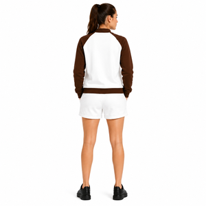 Women's Two Piece Shorts <b>Set</b> White Brown Raglan Sleeve Bomber Jacket Casual Winter Knitted Cotton High Street Reversible O-Neck - Product Image 2