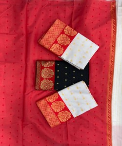 Sari de seda negro y rojo con borde dorado Zari, traje tradicional indio para bodas, para mujeres - Product Image 5