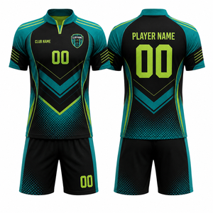 Conjunto de Camiseta de Fútbol Personalizada con Estampado por Transferencia de Calor, 100% Poliéster, Diseño Floral en Negro, Verde Azulado y Lima, Cuello Alto, Manga Corta, para Hombre Adulto, Talla Grande - Product Image 1