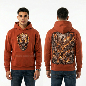 Sudadera con Capucha Personalizada con Diseño de Calavera Flameante para Hombre, Estampado Gráfico Naranja Quemado, Estilo Urbano, Talla Grande, Felpa de Algodón Grueso - Product Image 1