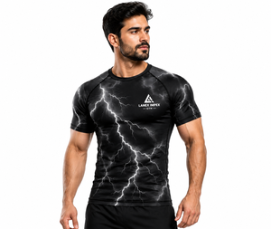 <b>Men's</b> Black Lightning <b>Compression</b> <b>Shirt</b> Short Sleeve Rash Guard Gym Fitness Workout Athletic Base Layer Performance Sportswear - Product Image 1