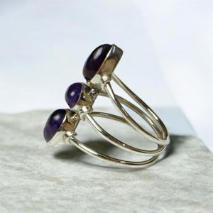 Bague en argent sterling 925 avec améthyste naturelle, faite à la main, trois pierres, ajustable, pour femme, vente en gros de bijoux - Product Image 3