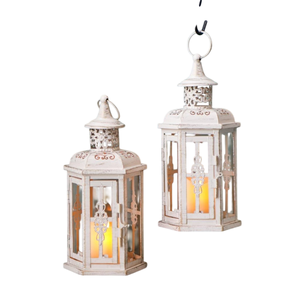 <b>Set</b> Of 2 Metal And Glass Candle <b>Lantern</b> White Finished For Home Wedding Christmas Lighting Decor Floor <b>Lanterns</b> On Sale - Product Image 1